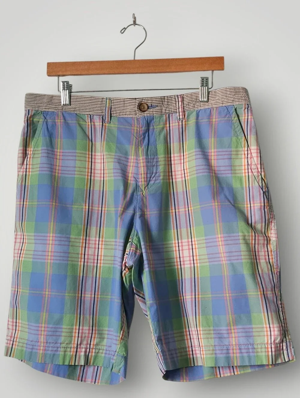Tommy Hilfiger Mens‎ Shorts 34 Madras Plaid Cotton Flat Front Preppy Pastel Blue